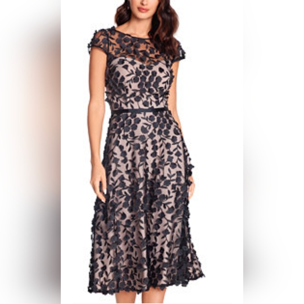 Xscape Blush and Black Floral Lace Midi Dress